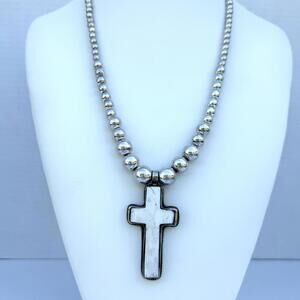 Graduated Silver Navajo Pearl Necklace. Bone Cross Pendant Southwestern Jewelry.